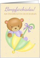 Welsh New Baby Congratulations, Llongyfarchiadau, Bear In An Umbrella card