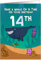 14th Birthday, Whales Starfish and turtle, in an ocean setting card