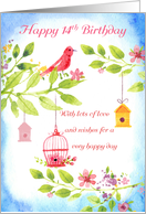 14th Birthday Little Birds With leaves and flowers, cute watercolor card