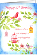 19th Birthday Little Birds With leaves and flowers, cute watercolor card