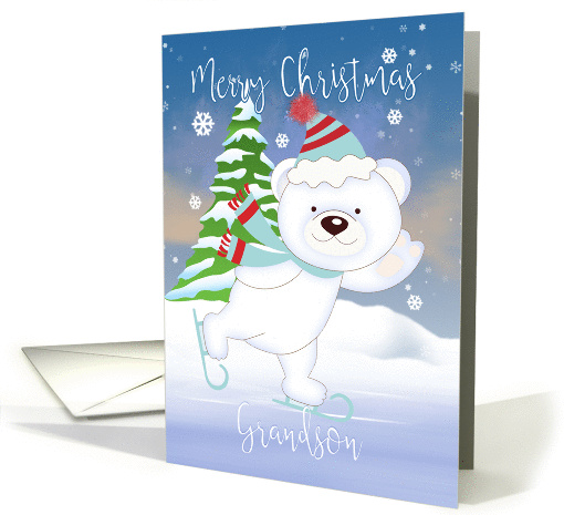 Grandson, Polar Bear Skating, Christmas Polar Bear Greetings card