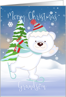 Grandson, Polar Bear Skating, Christmas Polar Bear Greetings card