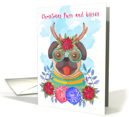 Pug Christmas Card. Pugs and Kisses, Watercolor Pug Dog card (1507058)