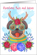 Pug Christmas Card. Pugs and Kisses, Watercolor Pug Dog card