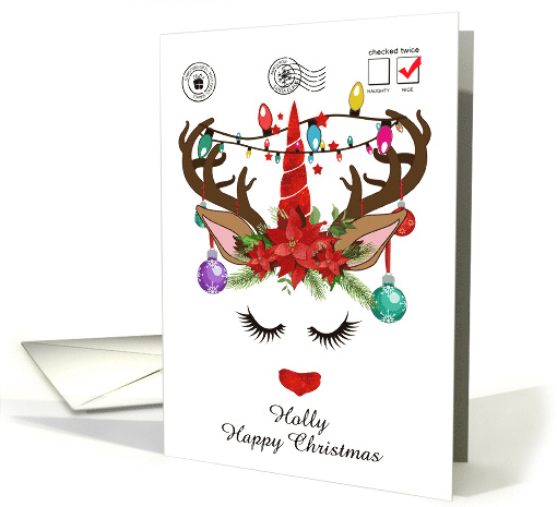 Reindeer Unicorn with Poinsettia lights and baubles Christmas card