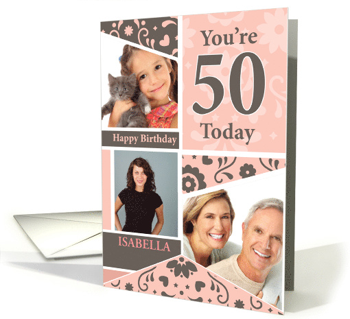 50th Birthday With Flowers & Hearts, Your Photo Here card (1600996)