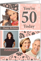 50th Birthday With Flowers & Hearts, Your Photo Here card