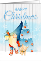 Happy Christmas Scandi Gnome With Pig And Lantern card