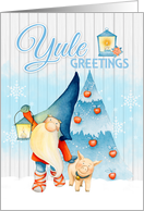 Yule Greetings Scandi Gnome With Pig And Lantern card
