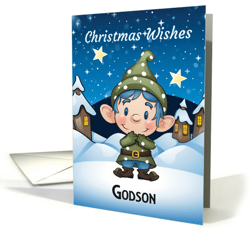 Godson Little Christmas Elf Dressed in Blue with Little Houses card