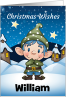 Custom Name Little Christmas Elf Dressed in Blue with Little Houses card