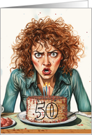 50th Birthday Blowing Out the Candles Woman with Messy Hair card