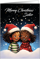 Sister Merry Christmas Two Girls in Christmas Hats and Jumpers card
