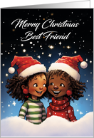Best Friend Merry Christmas Two Girls in Christmas Hats and Jumpers card