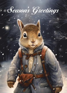 Season's Greetings Vintage style Winter Squirrel Walking Down a Lane