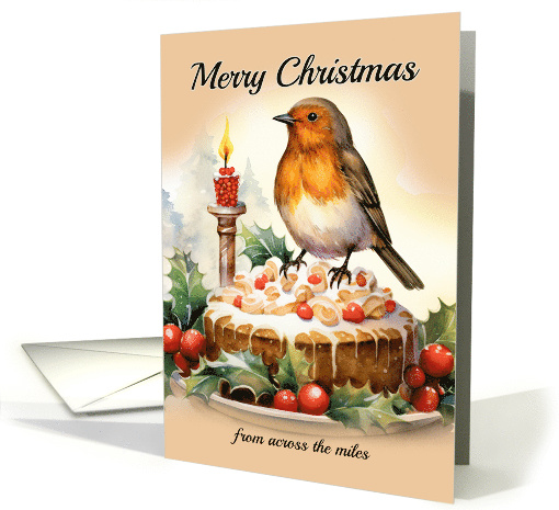 Merry Christmas from Across the Miles Robin on a Christmas Cake card