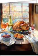 Thanksgiving Table with Drinks and Fruit Feast watercolor card
