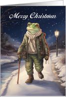 Merry Christmas Vintage Style Winter Frog Walking Down a Lane card