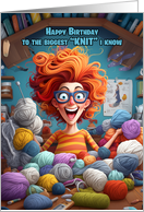 Crazy Knitting Lady with Lots of Balls of Yarn Biggest Knit card