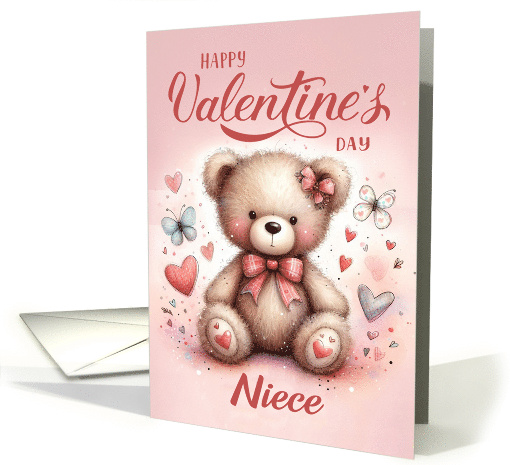 Niece Happy Valentine's Teddy Bear on a Dusky Pink Background card