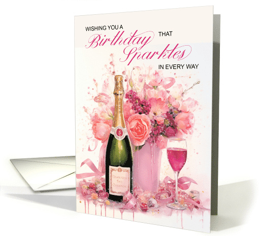 Champagne and Floral Birthday with Paint Drips and Splatters card