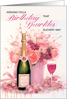 Champagne and Floral Birthday with Paint Drips and Splatters card