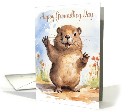 A Cute Little Groundhog Waving with a Shadow Behind card (1812616)