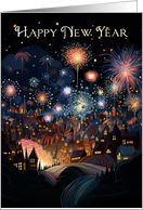 New Year Celebration with a Town and Fireworks card