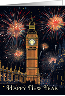 New Year Celebration with Big Ben Closeup and Fireworks card