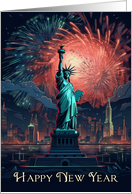 New Year Celebration with The Statue of Liberty and Fireworks card