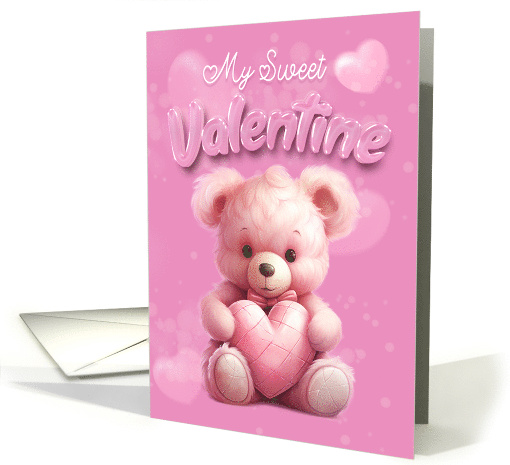 Sweet Valentine Bear Holding a Heart Pillow on a Pink Background card