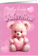 Sweet Valentine Bear Holding a Heart Pillow on a Pink Background card
