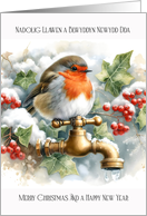 Christmas Card Bilingual Welsh and English Robin on a Brass Tap card