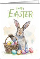 Happy Easter Bunny with a Basket of Colorful Eggs card