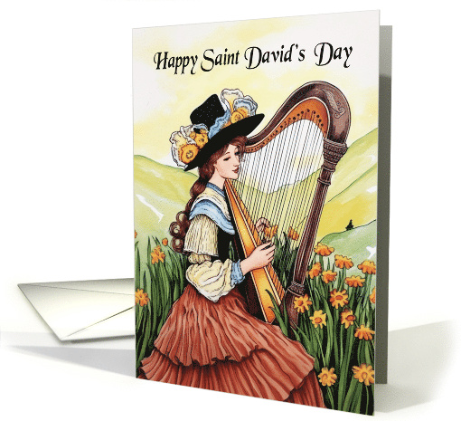 Saint David's Day Welsh Lady with Welsh Harp and Daffodils card