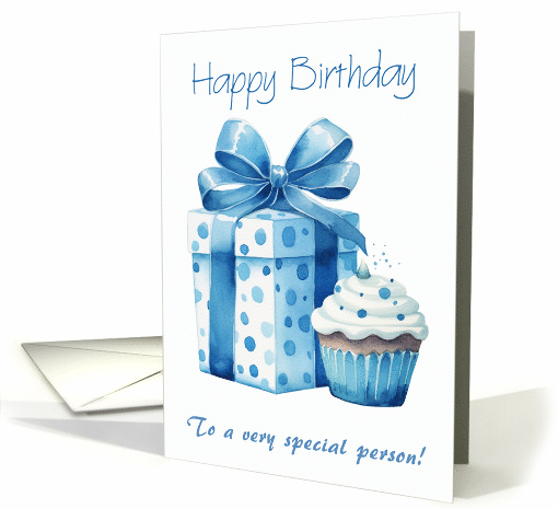 Happy Birthday to a Very Special Person Blue Gift Box and Cupcake card