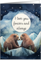 Two Loving Bears with Mountain Scenery and a Moonlit Night card