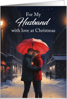 Gay Husband Christmas Under a Red Umbrella with a Snowy Sidewalk card