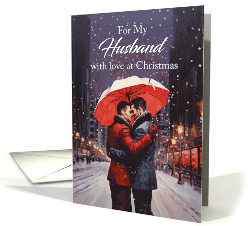 Gay Husband Christmas Under a Red Umbrella with a Snowy Scene card