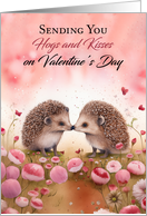 Valentine’s Day with Two Cute Hedgehogs with Flowers and Hearts card