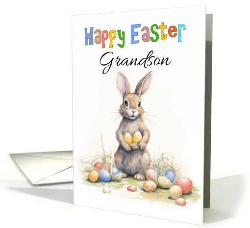 Grandson Easter Rabbit Cute and Tall and Eggs Scattered Around card