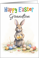 Grandson Easter Rabbit Cute and Tall and Eggs Scattered Around card