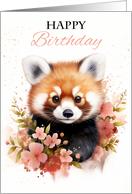 Happy Birthday Red Panda and Dusky Pink Flowers with Paint Splatters card