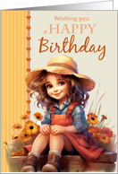 Happy Birthday with Cute Country Girl in a Straw Hat with Orange Tones card