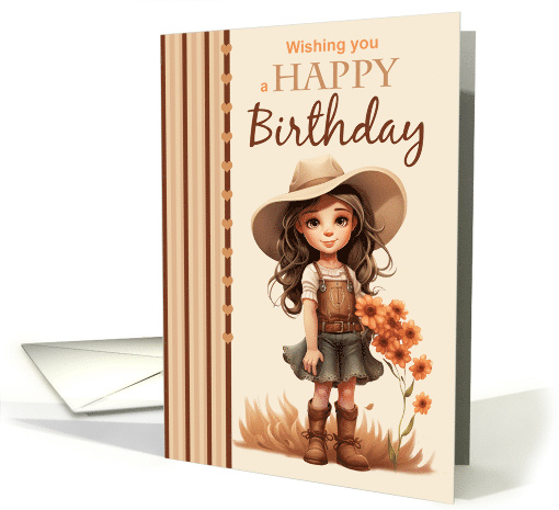 Happy Birthday with Cute Country Girl Flowers and Cowboy Hat card