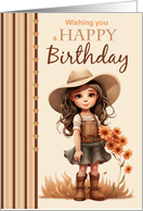 Happy Birthday with Cute Country Girl Flowers and Cowboy Hat card