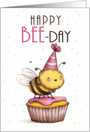 Bee Birthday Sitting on a Cupcake Play on Words Bee Day card