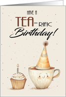 Cup of Tea Wearing a Party Hat and Cupcake Play on Words Tea-Riffic card