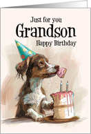 Grandson Birthday Dog Wearing a Party Hat Eating a Yummy Birthday Cake card