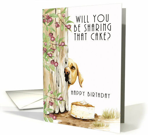 Yellow Labrador and Birthday Cake Cute Dog Peeping Around a Fence card